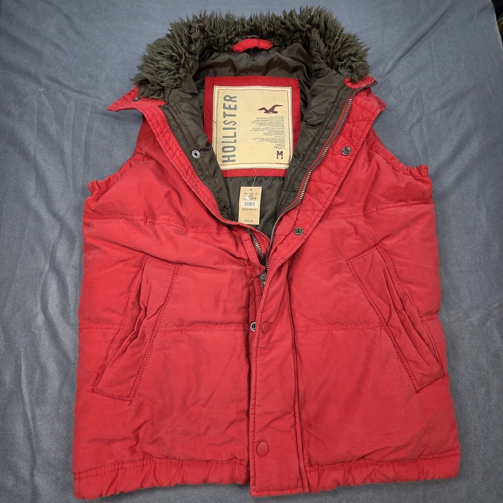 HOLLISTER Down Vest Faux Fur Neck Red / Brown Mens‎ SZ Medium Y2k New